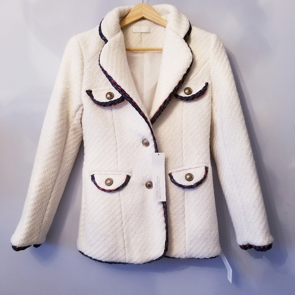 Woven Detailed Wool Half Coat/Jacket XS in Cream